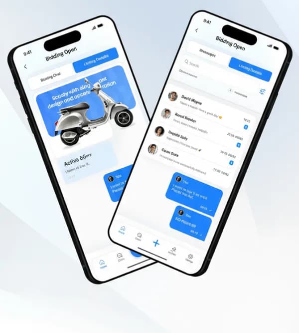 The MotoDealz app, showing an open bidding session and vendor chat